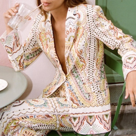 LIKE NEW ZARA PAISLEY PRINTED LINEN COTTON BLEND BLAZER (S) & MATCHING PANTS (M) - Picture 8 of 15